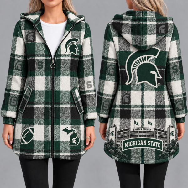 Michigan State Spartans Vintage Plaid Hooded Coat – Women's Longline Zip-Up Football Fan Jacket