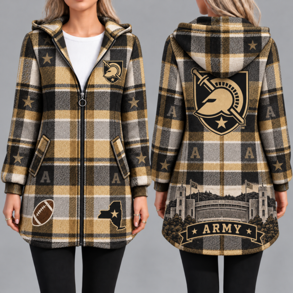 Army Black Knights Vintage Plaid Hooded Coat – Women's Longline Zip-Up Football Fan Jacket