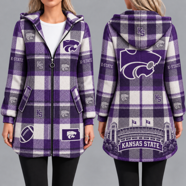 Kansas State Wildcats Vintage Plaid Hooded Coat – Women's Longline Zip-Up Football Fan Jacket