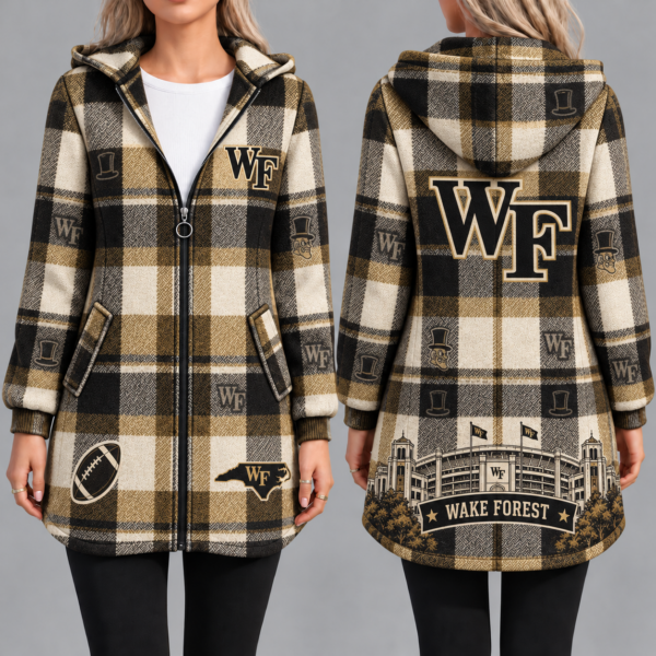 Wake Forest Demon Deacons Vintage Plaid Hooded Coat – Women's Longline Zip-Up Football Fan Jacket