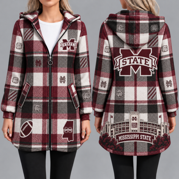 Mississippi State Bulldogs Vintage Plaid Hooded Coat – Women's Longline Zip-Up Football Fan Jacket