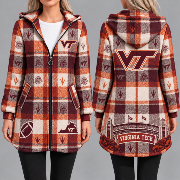 Virginia Tech Hokies Vintage Plaid Hooded Coat – Women's Longline Zip-Up Football Fan Jacket