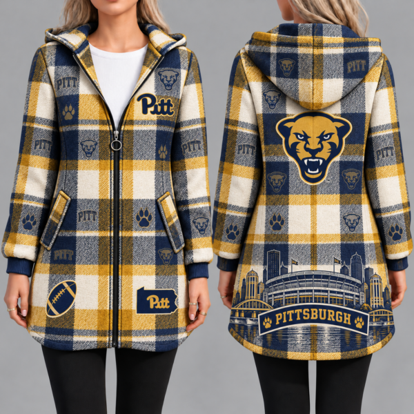 Pittsburgh Panthers Vintage Plaid Hooded Coat – Women's Longline Zip-Up Football Fan Jacket