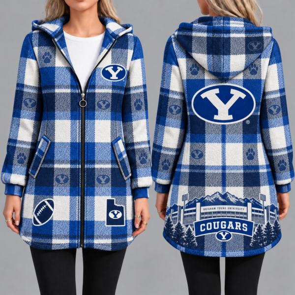 BYU Cougars Vintage Plaid Hooded Coat – Women's Longline Zip-Up Football Fan Jacket