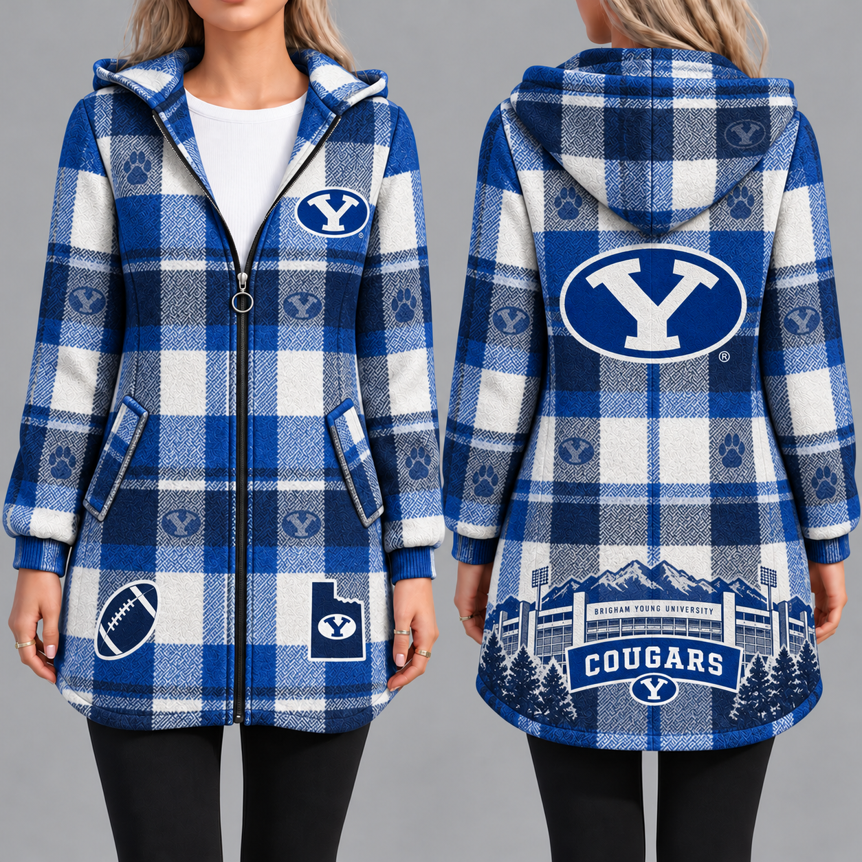 BYU Cougars Vintage Plaid Hooded Coat – Women's Longline Zip-Up Football Fan Jacket