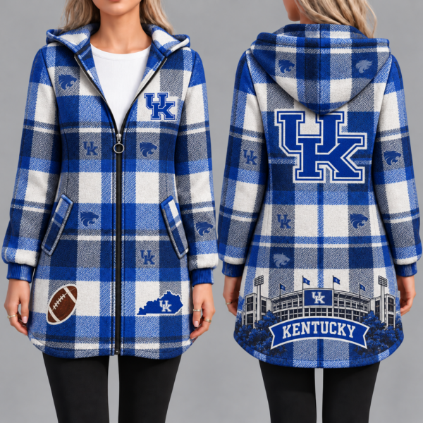 Kentucky Wildcats Vintage Plaid Hooded Coat – Women's Longline Zip-Up Football Fan Jacket