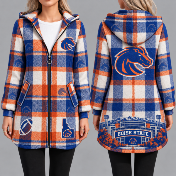 Boise State Broncos Vintage Plaid Hooded Coat – Women's Longline Zip-Up Football Fan Jacket