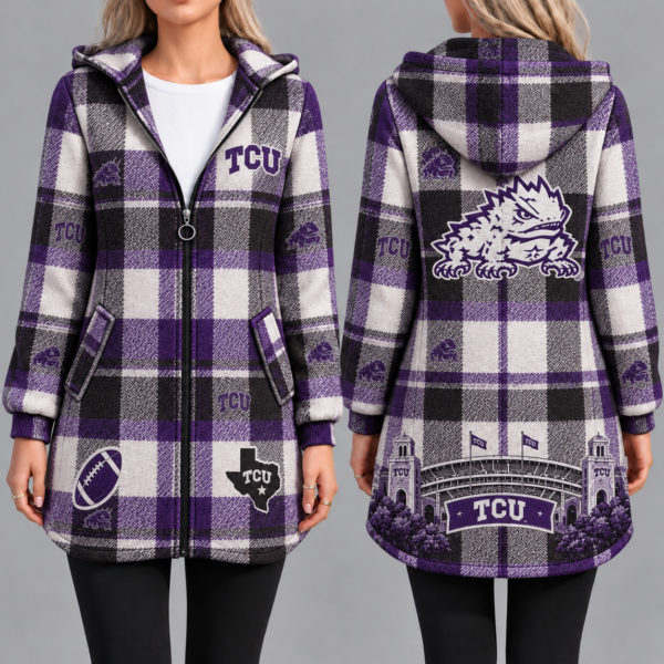 TCU Horned Frogs Vintage Plaid Hooded Coat – Women's Longline Zip-Up Football Fan Jacket