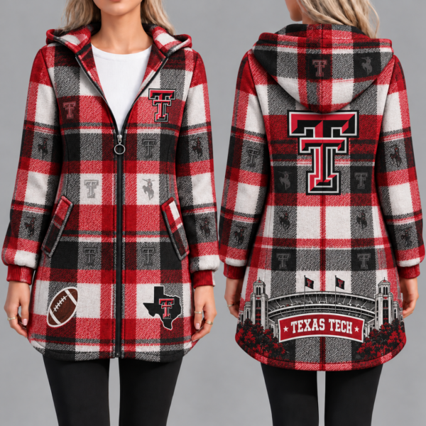 Texas Tech Red Raiders Vintage Plaid Hooded Coat – Women's Longline Zip-Up Football Fan Jacket