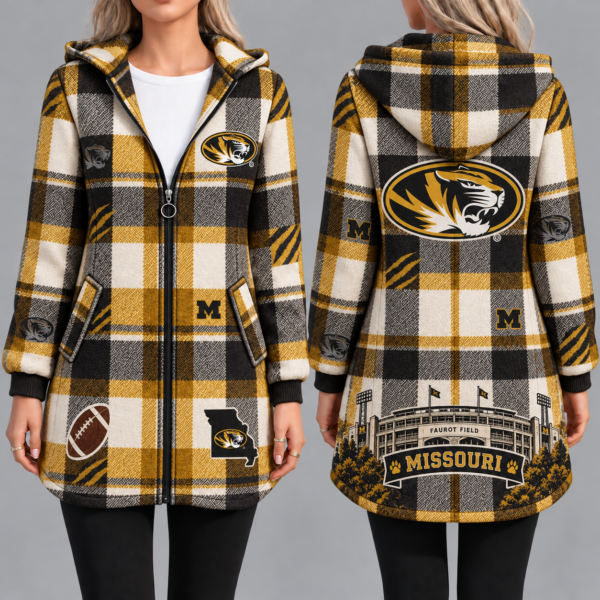 Missouri Tigers Vintage Plaid Hooded Coat – Women's Longline Zip-Up Football Fan Jacket