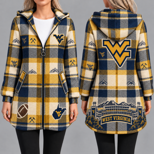 West Virginia Mountaineers Vintage Plaid Hooded Coat – Women's Longline Zip-Up Football Fan Jacket