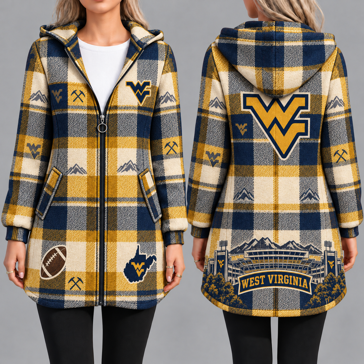 West Virginia Mountaineers Vintage Plaid Hooded Coat – Women's Longline Zip-Up Football Fan Jacket