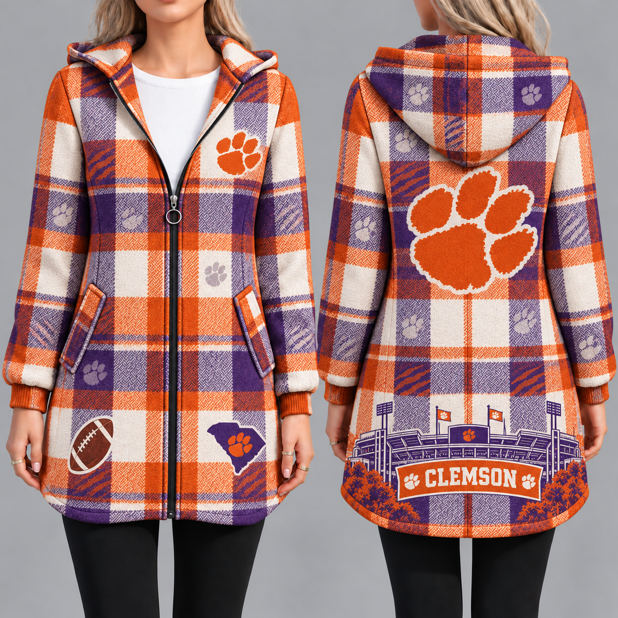 Clemson Tigers Vintage Plaid Hooded Coat – Women's Longline Zip-Up Football Fan Jacket