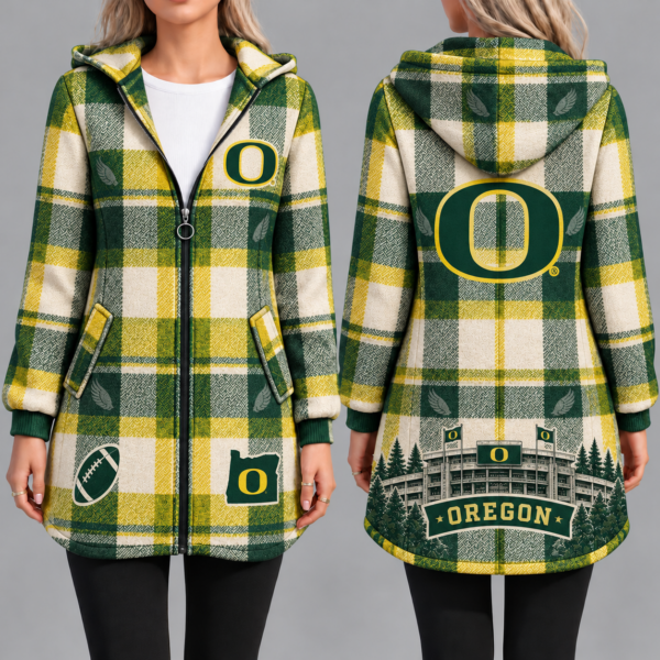 Oregon Ducks Vintage Plaid Hooded Coat – Women's Longline Zip-Up Football Fan Jacket