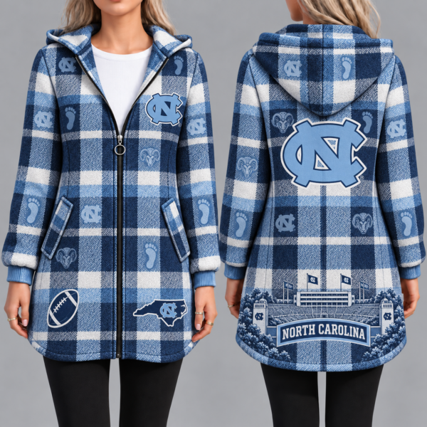 North Carolina Tar Heels Vintage Plaid Hooded Coat – Women's Longline Zip-Up Football Fan Jacket