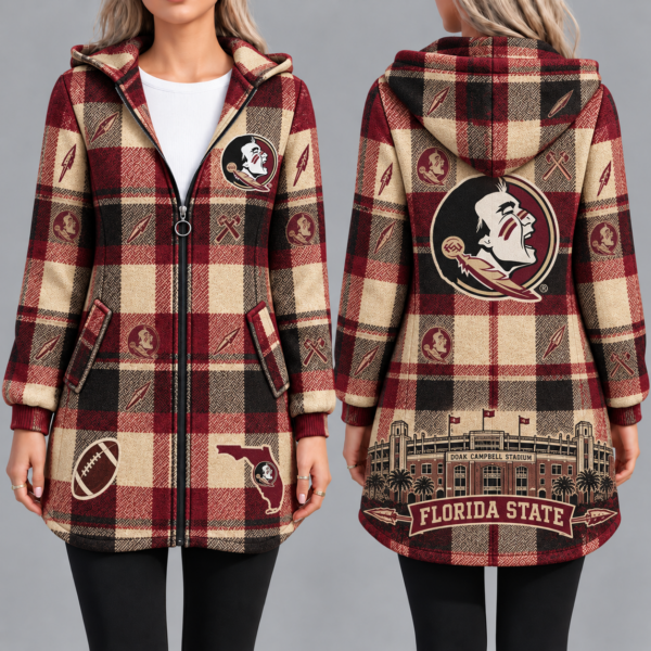 Florida State Seminoles Vintage Plaid Hooded Coat – Women's Longline Zip-Up Football Fan Jacket