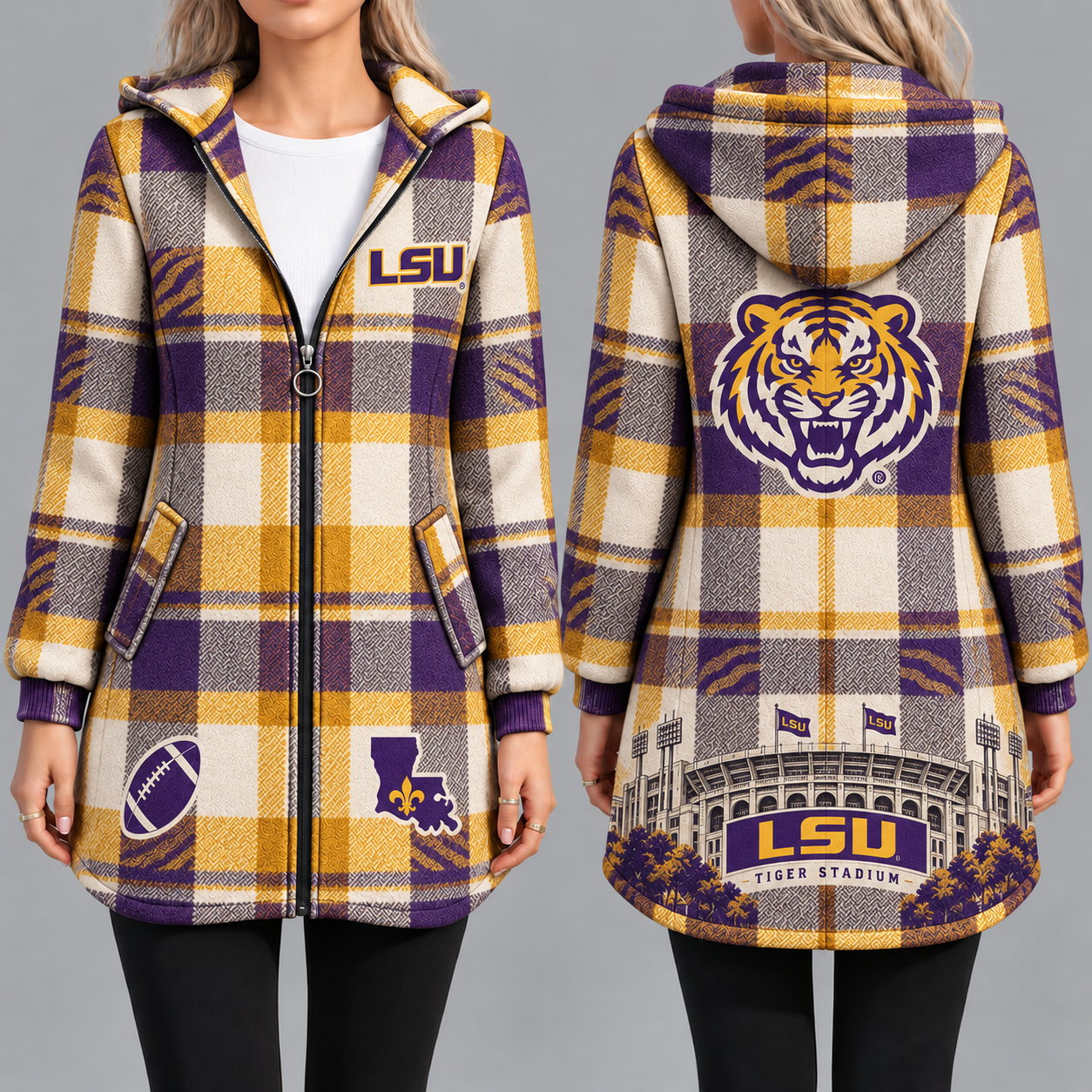 LSU Tigers Vintage Plaid Hooded Coat – Women's Longline Zip-Up Football Fan Jacket