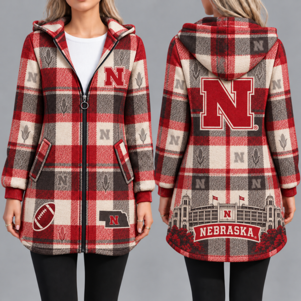 Nebraska Cornhuskers Vintage Plaid Hooded Coat – Women's Longline Zip-Up Football Fan Jacket