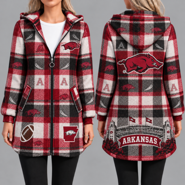 Arkansas Razorbacks Vintage Plaid Hooded Coat – Women's Longline Zip-Up Football Fan Jacket