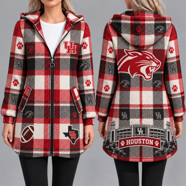 Houston Cougars Vintage Plaid Hooded Coat – Women's Longline Zip-Up Football Fan Jacket
