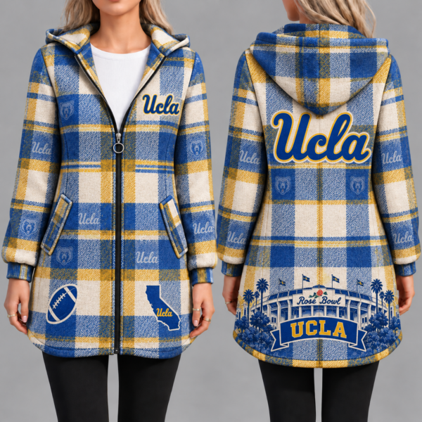 UCLA Bruins Vintage Plaid Hooded Coat – Women's Longline Zip-Up Football Fan Jacket