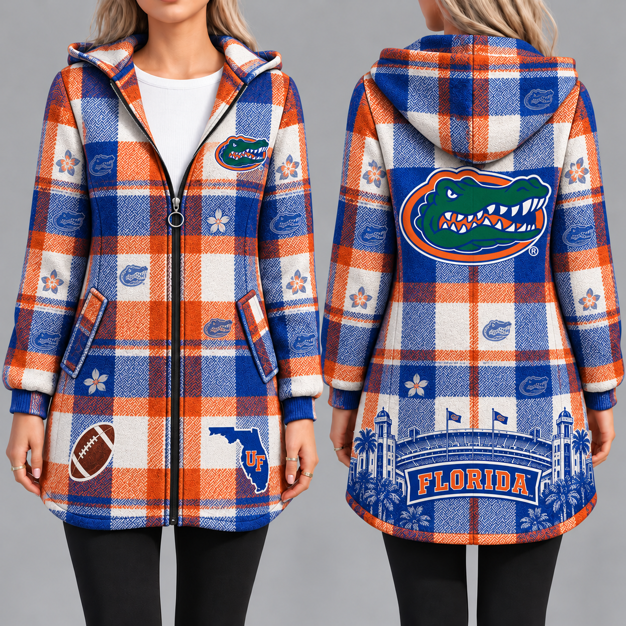 Florida Gators Vintage Plaid Hooded Coat – Women's Longline Zip-Up Football Fan Jacket