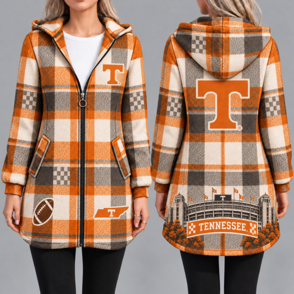 Tennessee Volunteers Vintage Plaid Hooded Coat – Women's Longline Zip-Up Football Fan Jacket