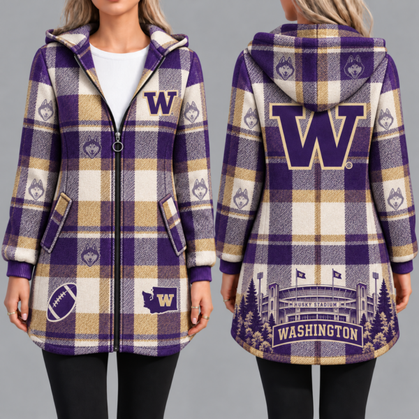 Washington Huskies Vintage Plaid Hooded Coat – Women's Longline Zip-Up Football Fan Jacket