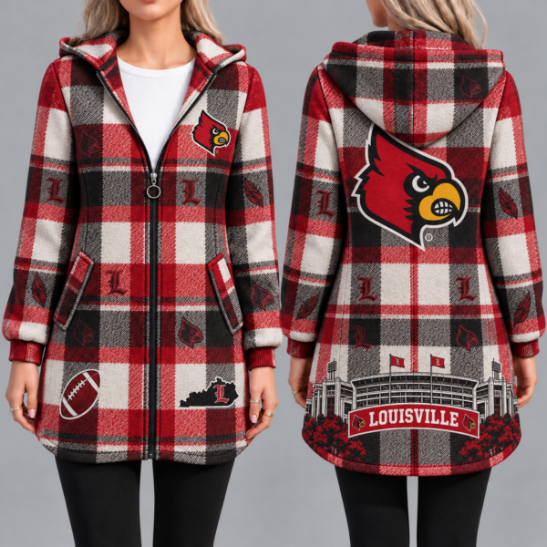 Louisville Cardinals Vintage Plaid Hooded Coat – Women's Longline Zip-Up Football Fan Jacket