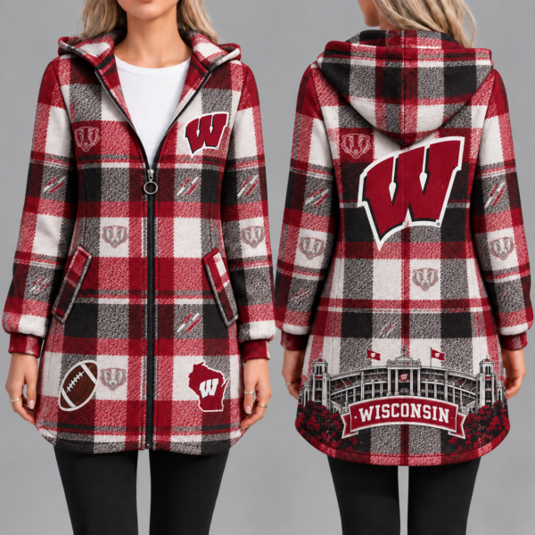 Wisconsin Badgers Vintage Plaid Hooded Coat – Women's Longline Zip-Up Football Fan Jacket