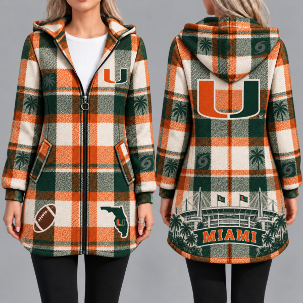 Miami Hurricanes Vintage Plaid Hooded Coat – Women's Longline Zip-Up Football Fan Jacket