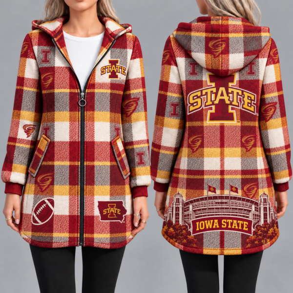 Iowa State Cyclones Vintage Plaid Hooded Coat – Women's Longline Zip-Up Football Fan Jacket
