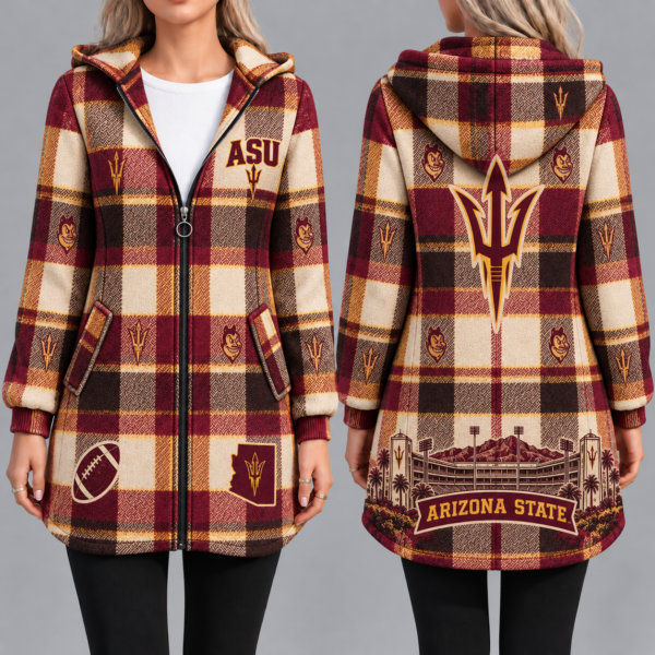 Arizona State Sun Devils Vintage Plaid Hooded Coat – Women's Longline Zip-Up Football Fan Jacket