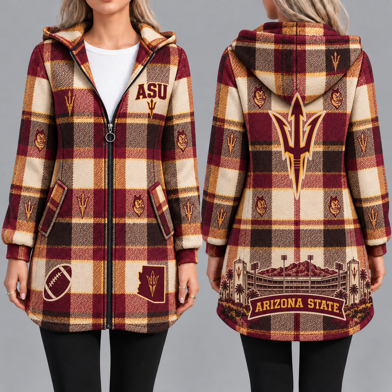 Arizona State Sun Devils Vintage Plaid Hooded Coat – Women's Longline Zip-Up Football Fan Jacket