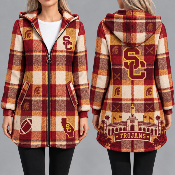 USC Trojans Vintage Plaid Hooded Coat – Women's Longline Zip-Up Football Fan Jacket