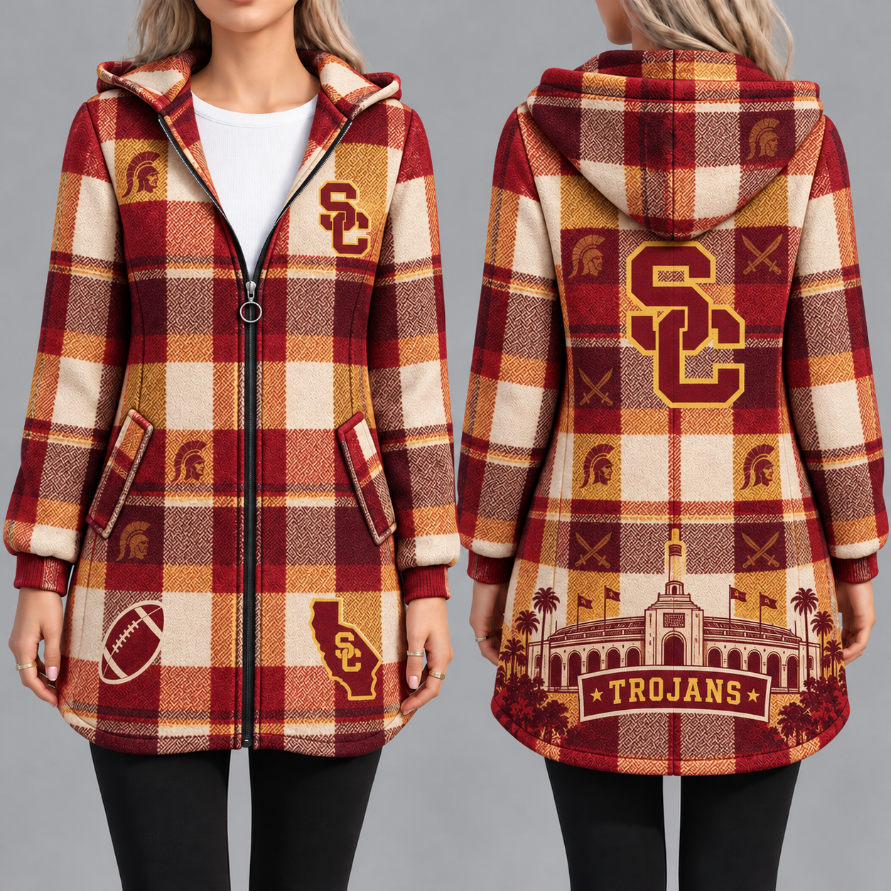 USC Trojans Vintage Plaid Hooded Coat – Women's Longline Zip-Up Football Fan Jacket