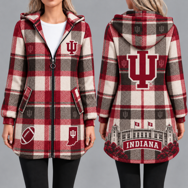 Indiana Hoosiers Vintage Plaid Hooded Coat – Women's Longline Zip-Up Football Fan Jacket