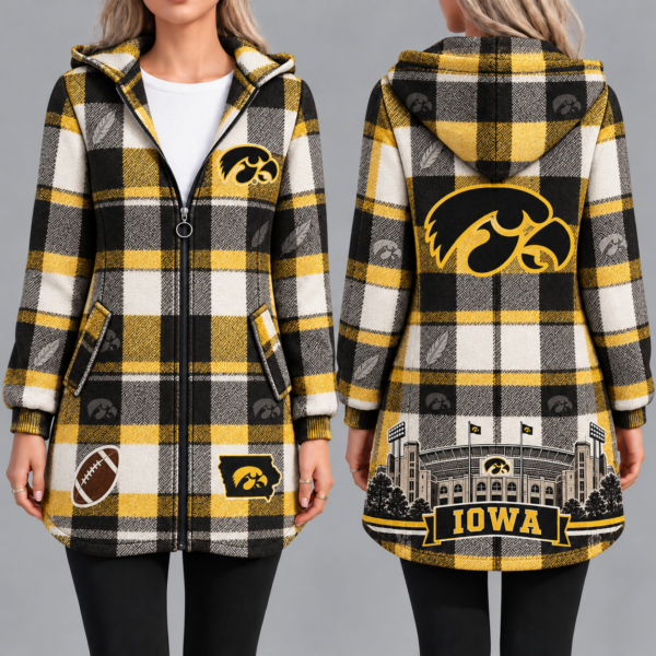 Iowa Hawkeyes Vintage Plaid Hooded Coat – Women's Longline Zip-Up Football Fan Jacket