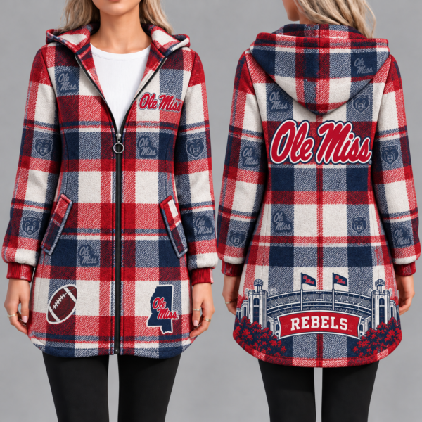 Ole Miss Rebels Vintage Plaid Hooded Coat – Women's Longline Zip-Up Football Fan Jacket
