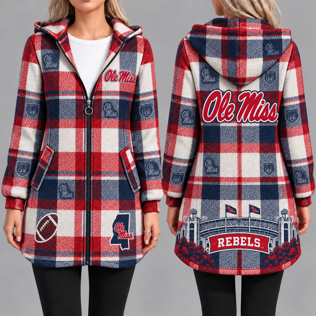 Ole Miss Rebels Vintage Plaid Hooded Coat – Women's Longline Zip-Up Football Fan Jacket