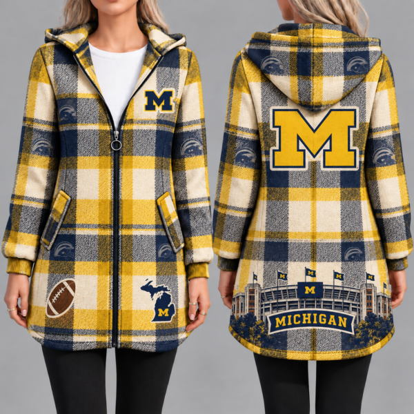 Michigan Wolverines Vintage Plaid Hooded Coat – Women's Longline Zip-Up Football Fan Jacket