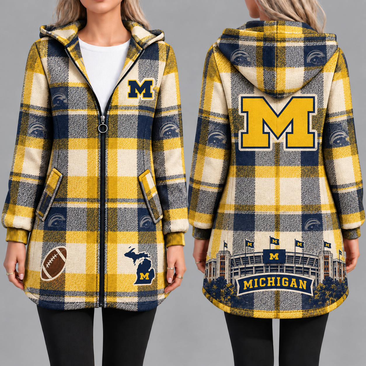 Michigan Wolverines Vintage Plaid Hooded Coat – Women's Longline Zip-Up Football Fan Jacket