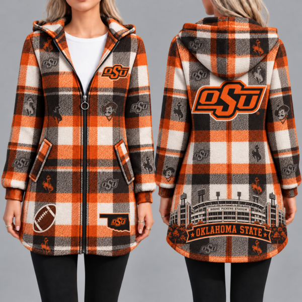 Oklahoma State Cowboys Vintage Plaid Hooded Coat – Women's Longline Zip-Up Football Fan Jacket