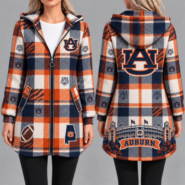 Auburn Tigers Vintage Plaid Hooded Coat – Women's Longline Zip-Up Football Fan Jacket