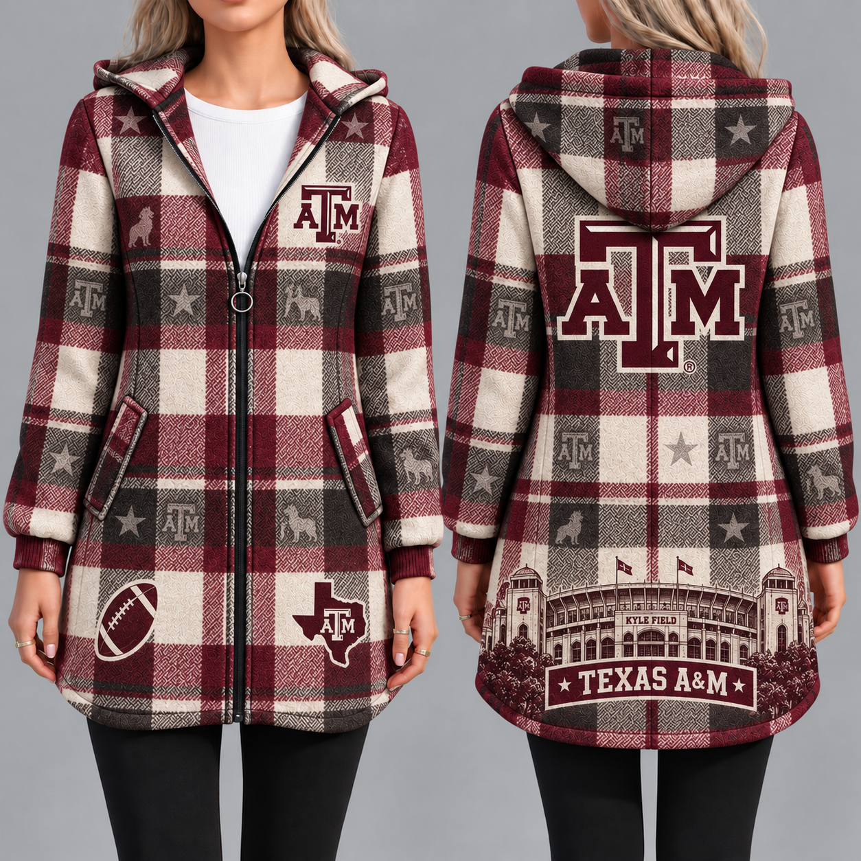 Texas A&M Aggies Vintage Plaid Hooded Coat – Women's Longline Zip-Up Football Fan Jacket