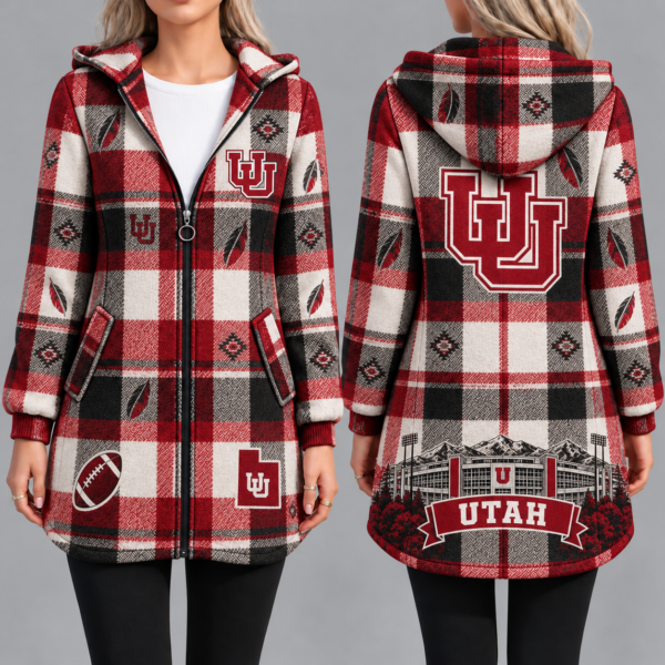 Utah Utes Vintage Plaid Hooded Coat – Women's Longline Zip-Up Football Fan Jacket