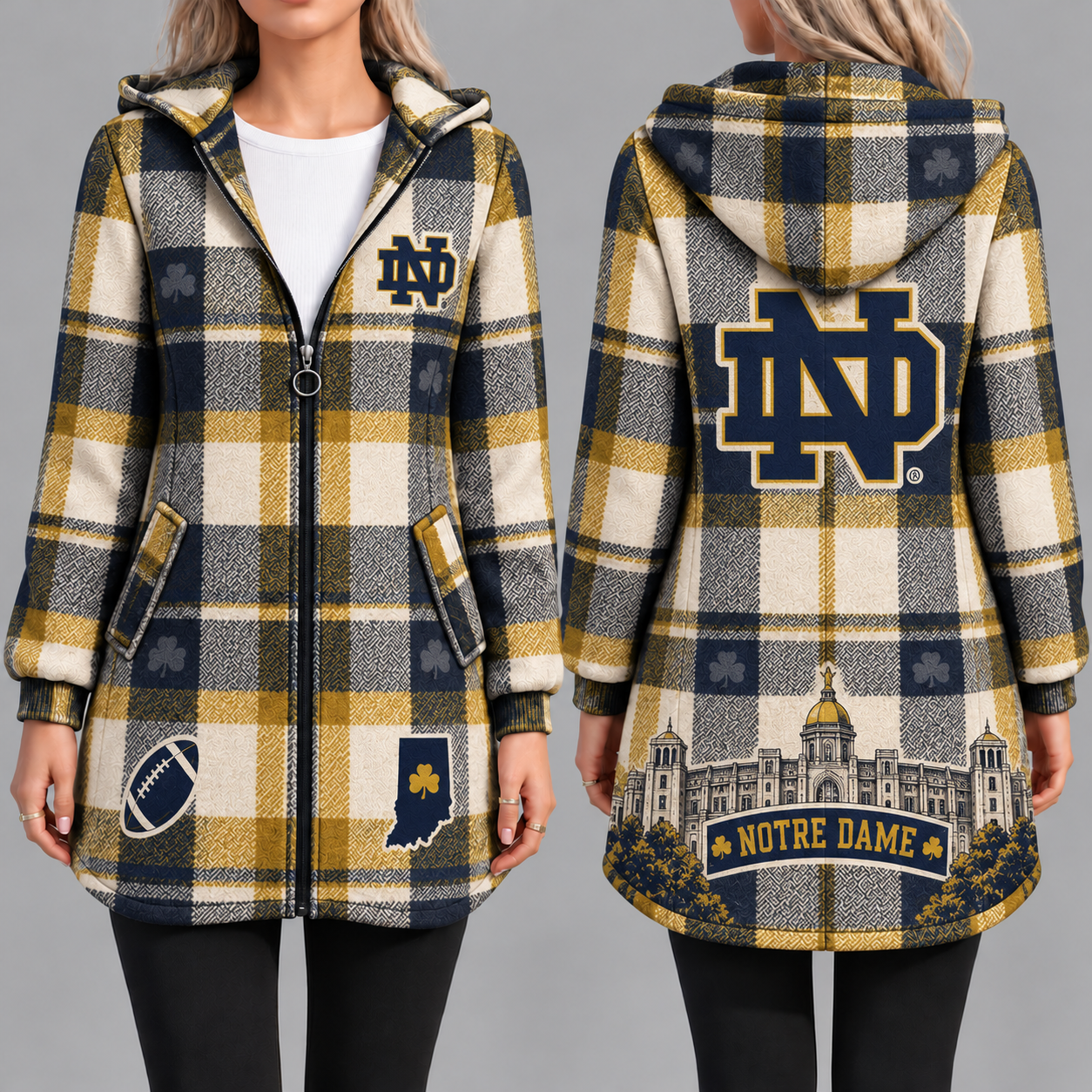 Notre Dame Fighting Irish Vintage Plaid Hooded Coat – Women's Longline Zip-Up Football Fan Jacket