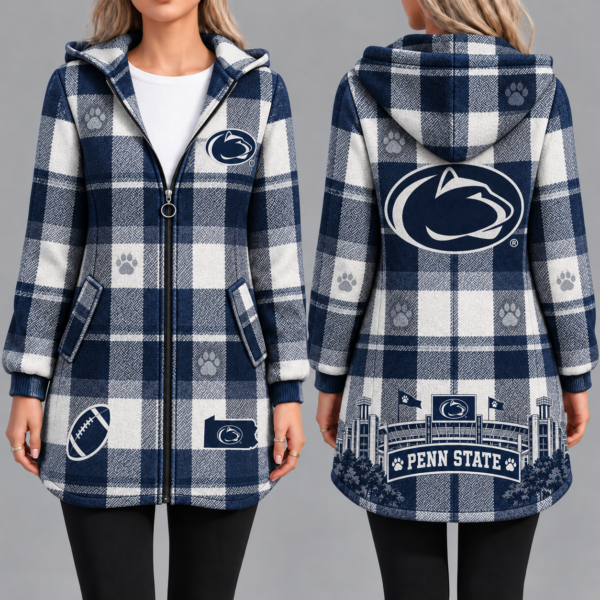 Penn State Nittany Lions Vintage Plaid Hooded Coat – Women's Longline Zip-Up Football Fan Jacket