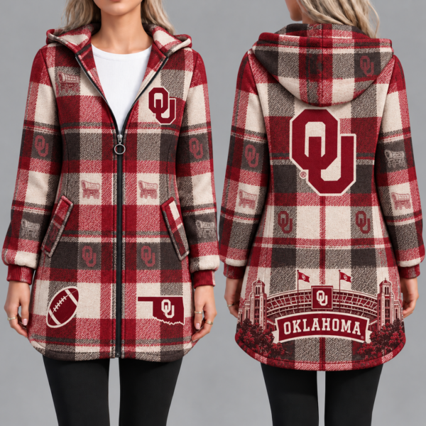 Oklahoma Sooners Vintage Plaid Hooded Coat – Women's Longline Zip-Up Football Fan Jacket