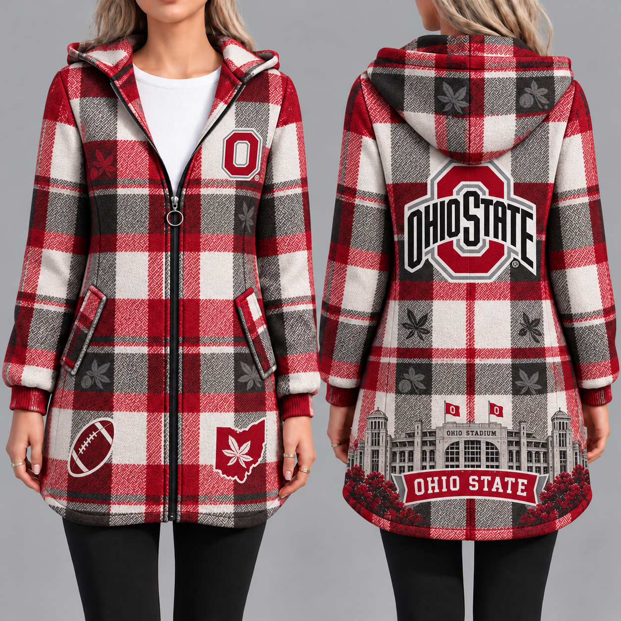 Ohio State Buckeyes Vintage Plaid Hooded Coat – Women's Longline Zip-Up Football Fan Jacket
